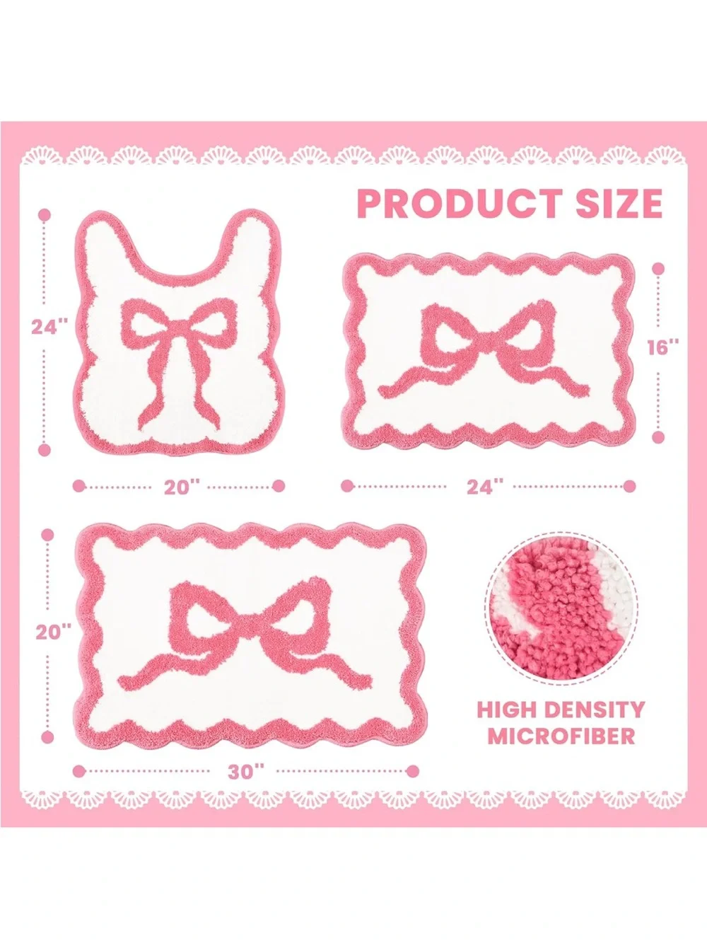 New Pink Bow Bathroom Rug Mat Set 3 Piece, Microfiber Shaggy Bath Set, Non-Slip